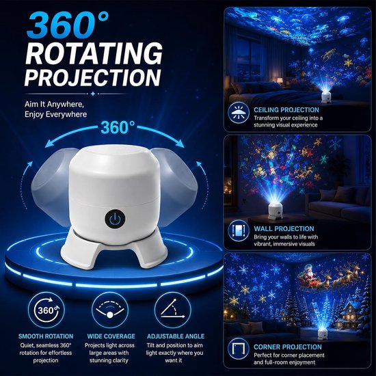 1 Projector - Dynamische Roterende LED Projector – 3D Sneeuwvlokstijl – HD Holografische Nachtlamp – 360° Roterend – USB – Voor Slaapkamer en Meditatie - Feestelijke decoratieve verlichting van SNQ — afbeelding 2