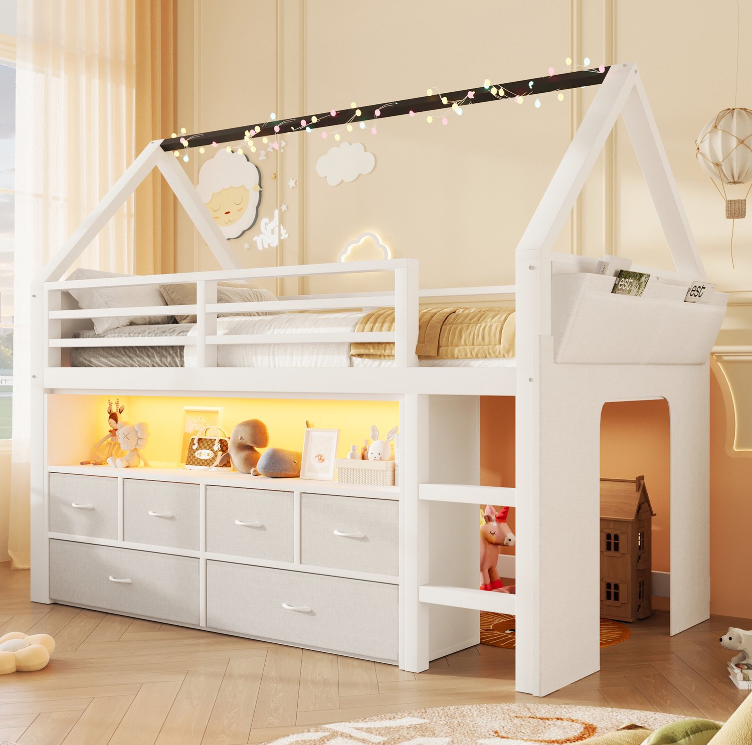 FloraGrace Hoogslaper 90x200 cm - Kinderbed in Huisvorm met Lichtketting - 6 Stoffen Lades en Gordijn - Hout en MDF - Wit - Zonder Matras