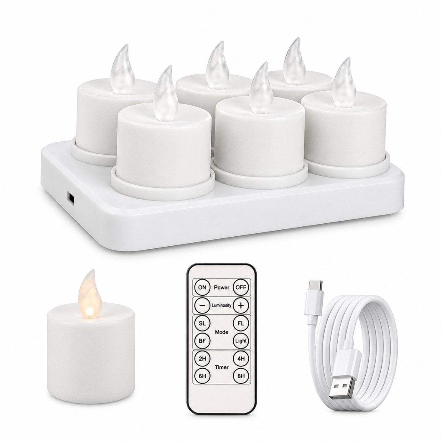 SWGOTA led kaarsen, set van 6 witte theelichtjes met gladde behuizing, warm licht, afstandsbediening en Type-C-opladen, inclusief basis met 6 plaatsen en kabel
