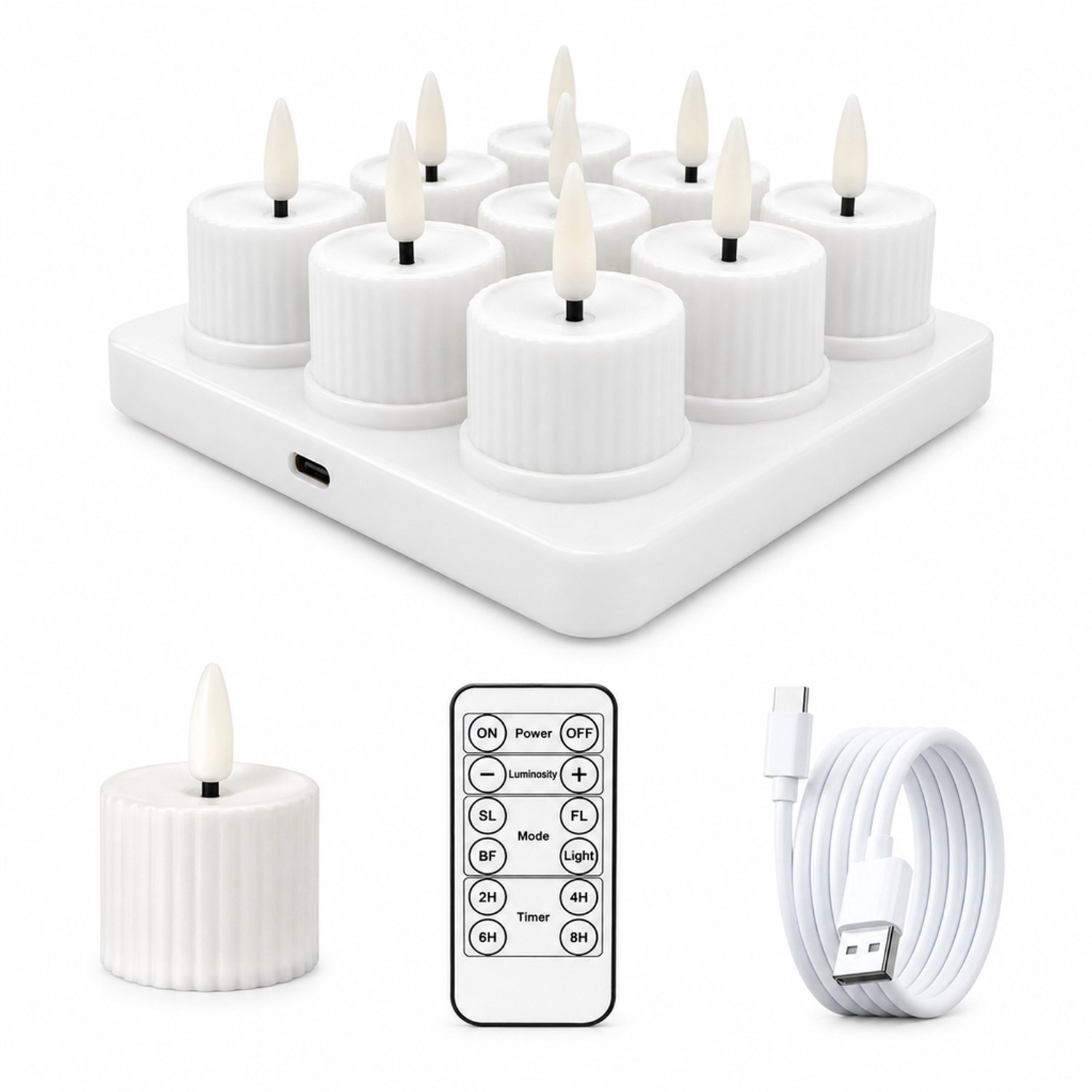 SWGOTA led kaarsen, set van 9 witte geribbelde theelichtjes, warm licht, afstandsbediening en dimfunctie, Type-C-opladen, met 3 x 3 laadvoet en kabel