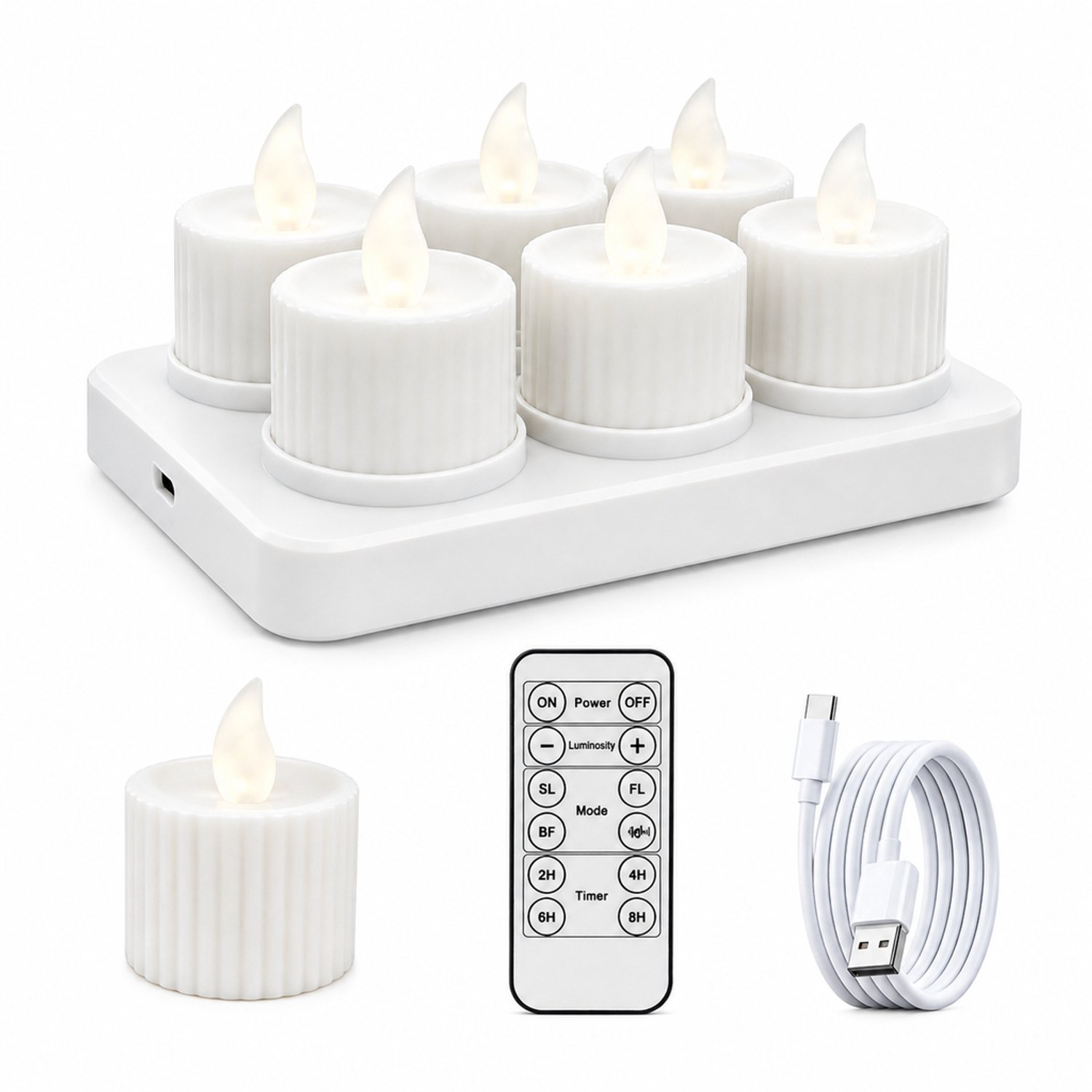 SWGOTA led kaarsen set van 6 - Wit, geribbeld met grote vlamvorm, warm licht, Type-C-oplaadbaar, met afstandsbediening, basis en laadkabel