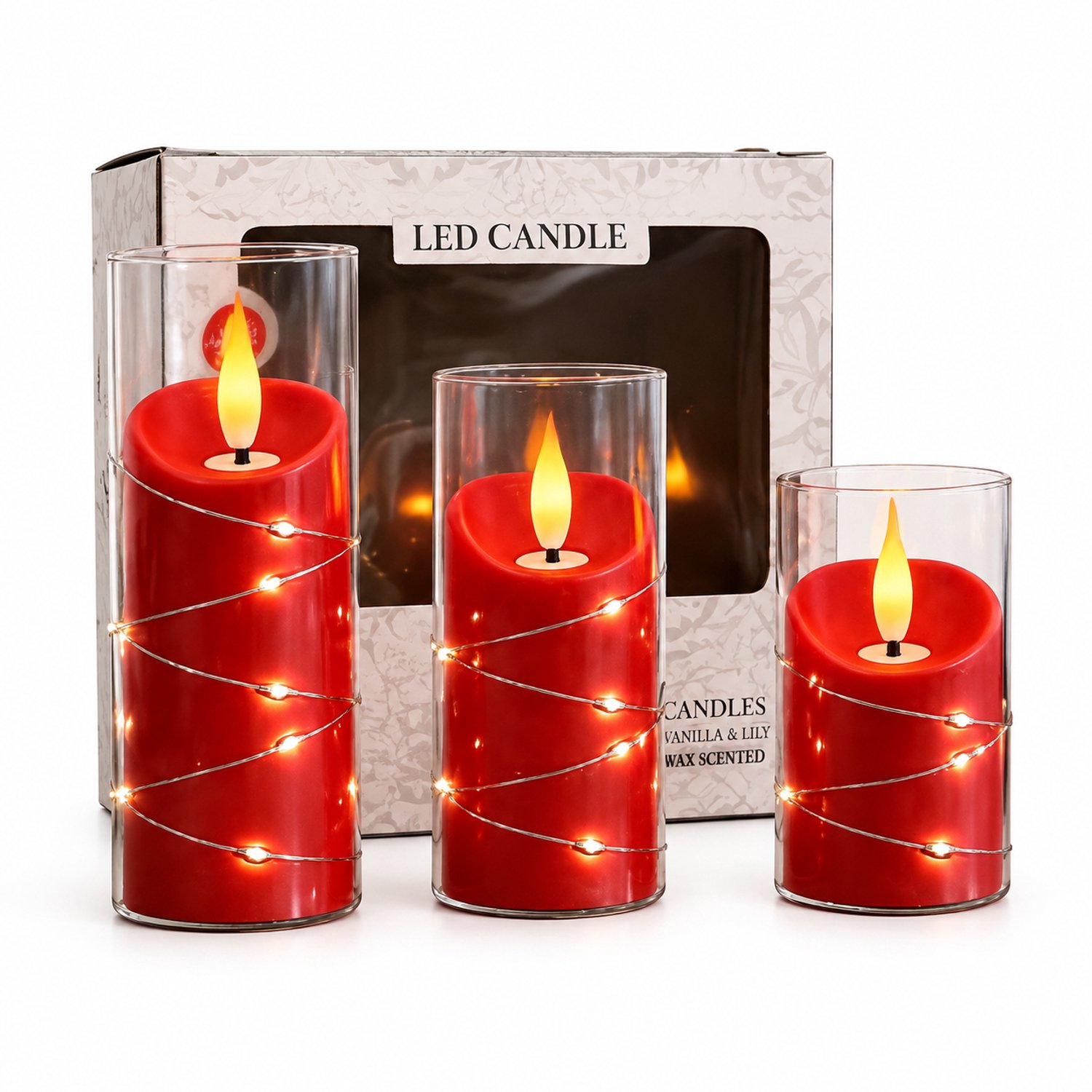 SWGOTA led kaarsen, set van 3, rood met lichtsnoer en transparante cilinderhulzen, inclusief batterijen, in vensterdoos