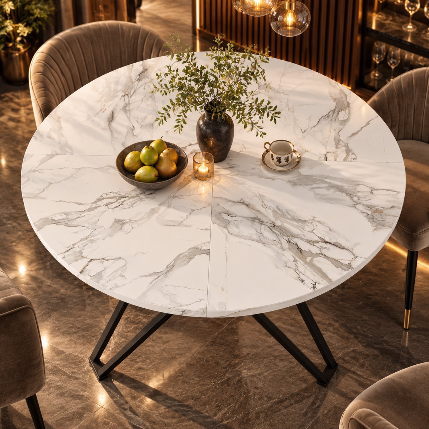 Mulder Living Eettafel - Ronde Eettafel - Keukentafel - 100x100x76 cm - Marmerpatroon Tafelblad - Met metalen poten - Stevig en duurzaam - Keukentafel voor 1 tot 4 Personen - Ruimtebesparende - Wit / Zwart