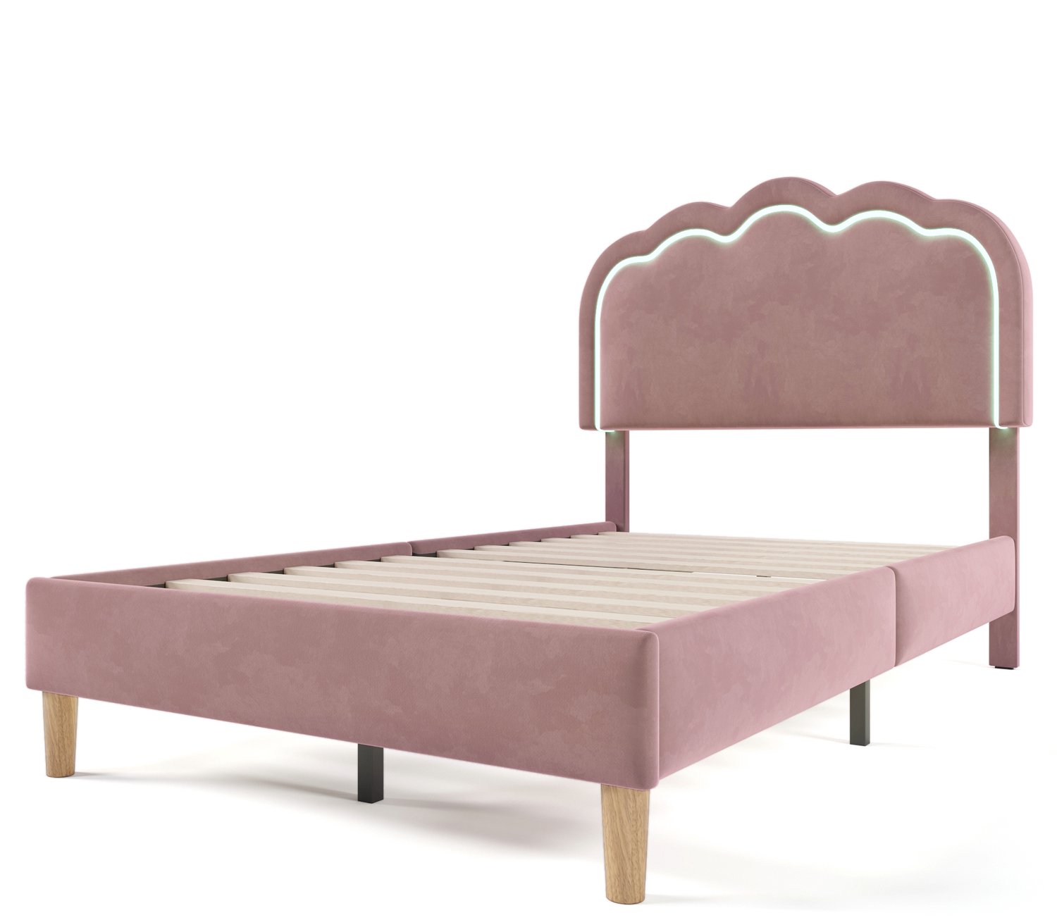 MUVANO Eenpersoonsbed - Gestoffeerd bed met ledverlichting - Lattenbodem en verstelbaar hoofdbord - Fluweel - 90x190 cm - Slaapkamer en logeerkamer roze