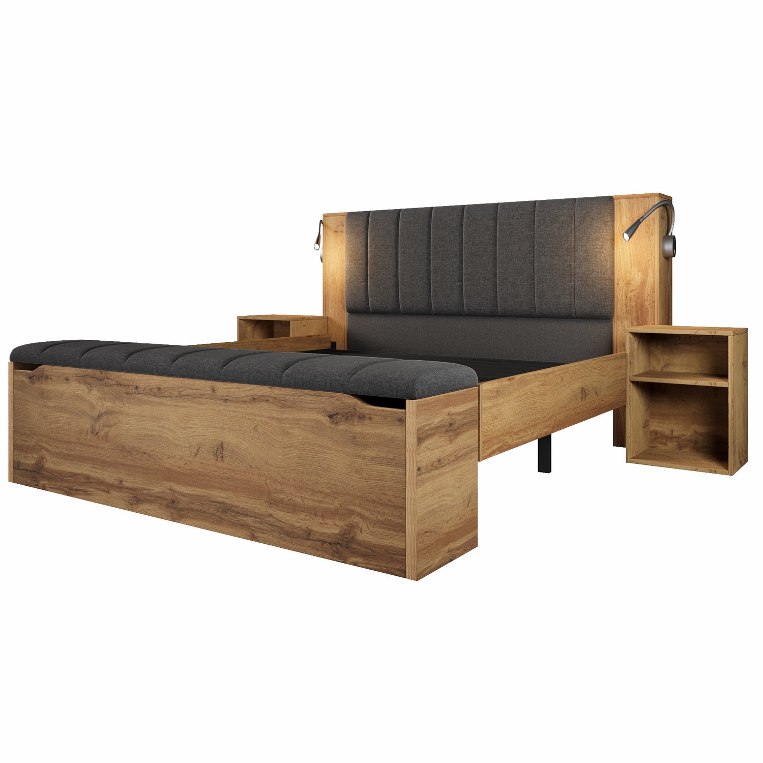 MUVANO Tweepersoonsbed 160x200 - Bedframe met lattenbodem - Opbergruimte en leeslampen met USB - MDF en linnen - Met nachtkastjes en bedbank - Eikenkleur