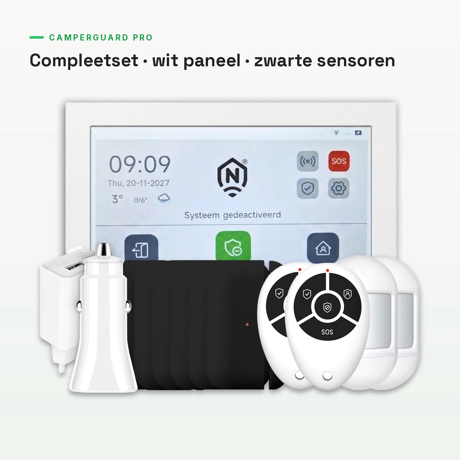 CamperGuard® Pro Alarmsysteem – Compleetset – Wit paneel – Zwarte accessoires – Camper/Caravan – Draadloos & Uitbreidbaar – Simkaart, SMS & Oproepmelding – Zonder Abonnement
