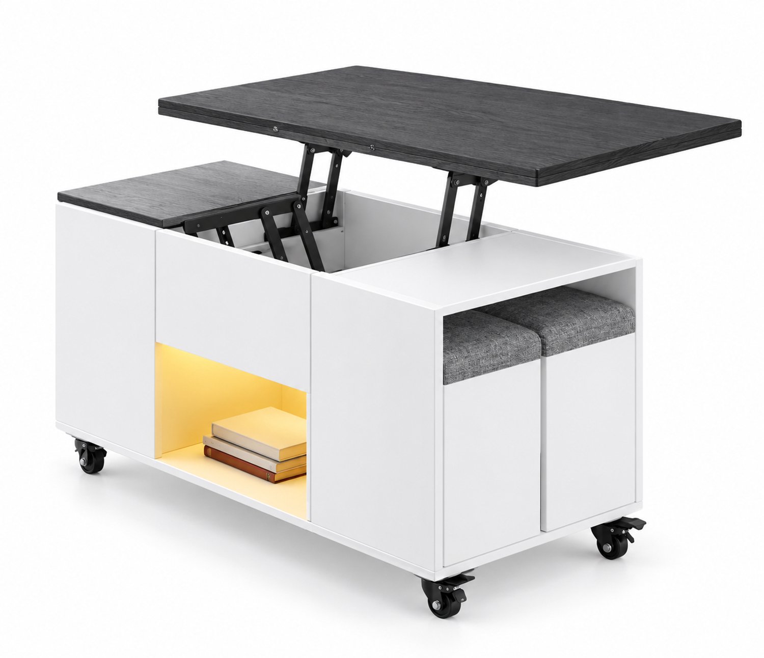 Mura Logistiek Mura Salontafel - Eettafel - Coffee Table - Inklapbare Tafel -1-3 Uitschuifbaar Design - 4 Opbergkrukken - Hout - Grijs+Wit