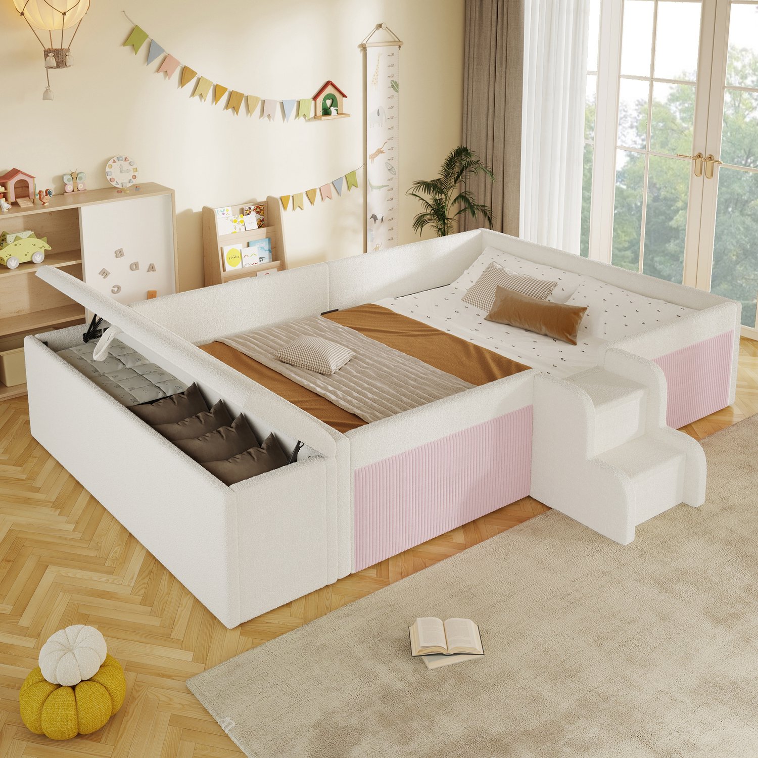 Zubaliya Gepofffbed, 140 x 190 cm, klein trappetje, bedbank met opbergruimte, zonder matras, bouclé, wit