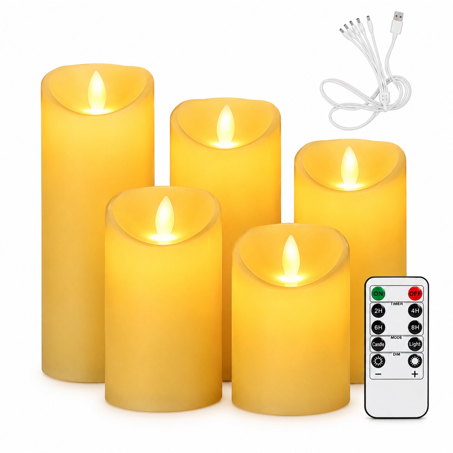 SWGOTA led kaarsen, 5-delige oplaadbare set met afstandsbediening, warm licht en USB-oplaadkabel voor bruiloften en feestdecoratie Wit
