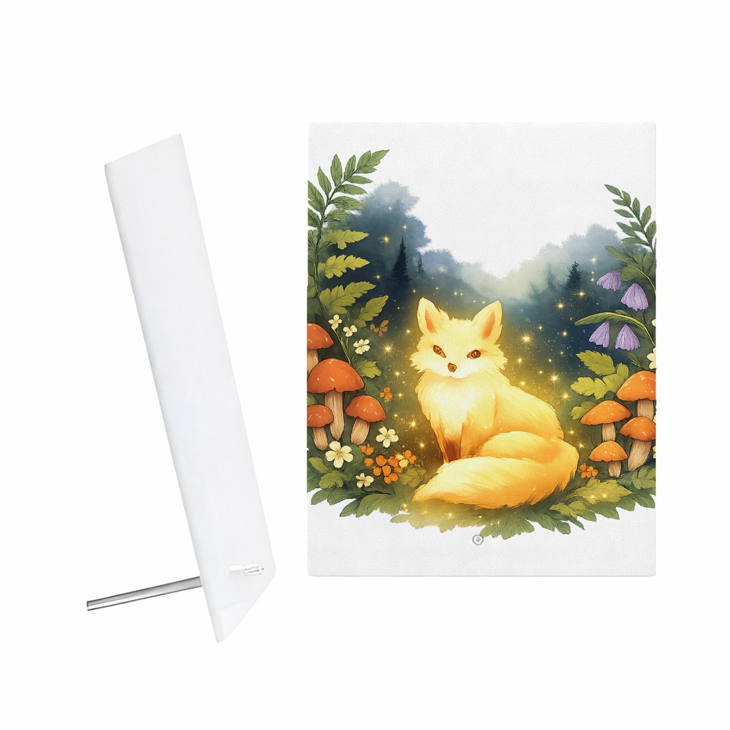 Mr Cadeautjes Glazen fotopaneel Een dromerig boslandschap met een lichtgevende vos tussen va - 15 x 20 cm, staand - glas, decoratie, wanddecoratie | cadeau Wit