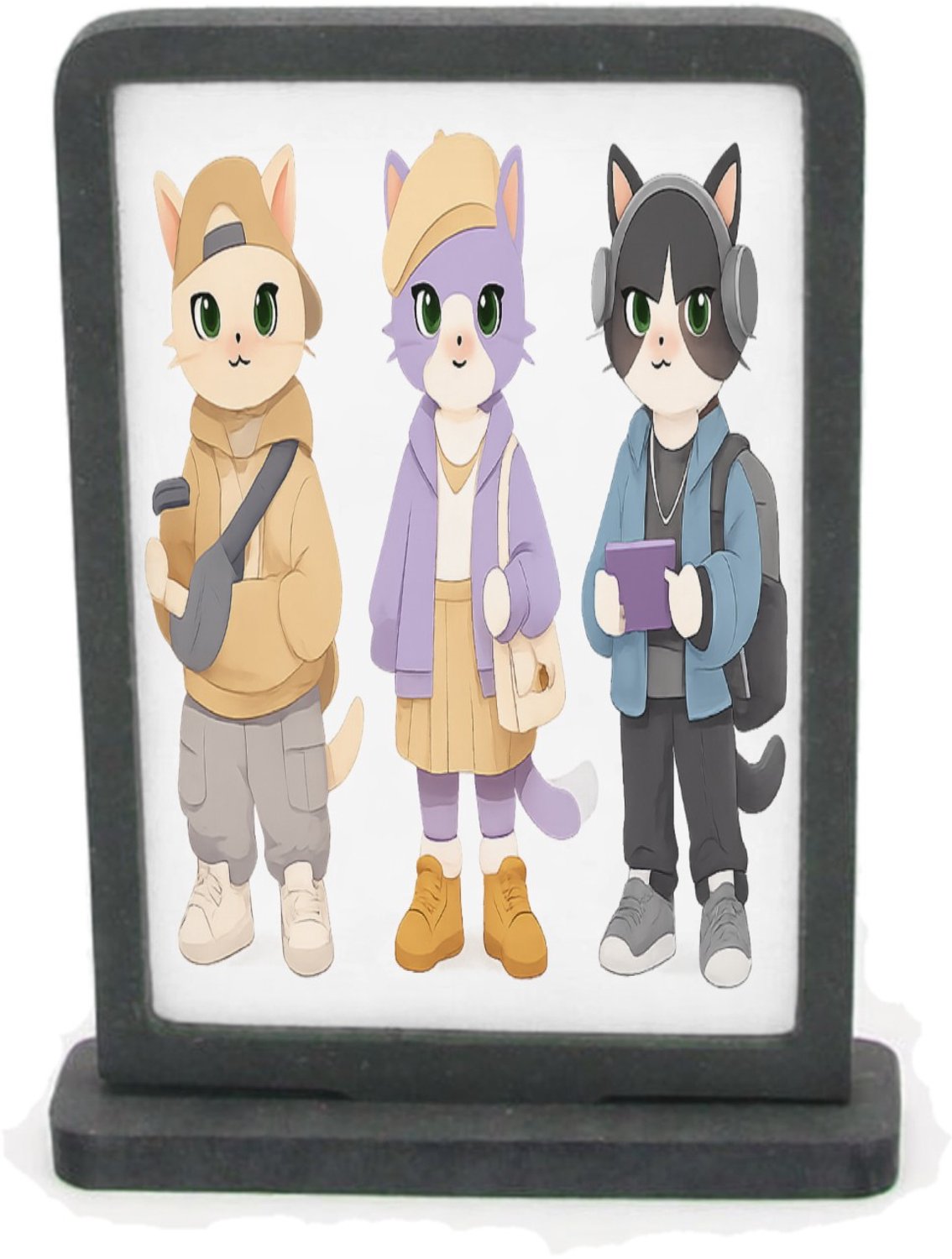 Mr Cadeautjes Houten fotolijst rechthoek met MDF inleg - design Drie modieuze katten in pastel-outfits, elk met een andere h | cadeau Wit