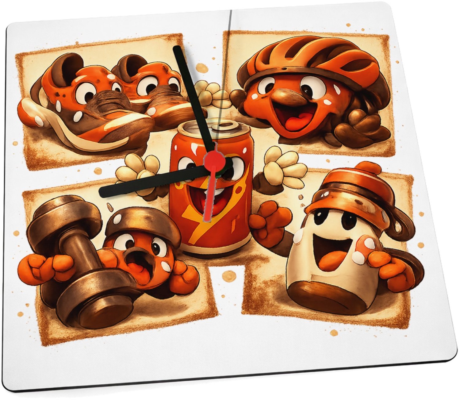 Mr Cadeautjes Klok 19 x 19 - design Een collage van sportieve gereedschappen die uitgeput en vro | cadeau Wit