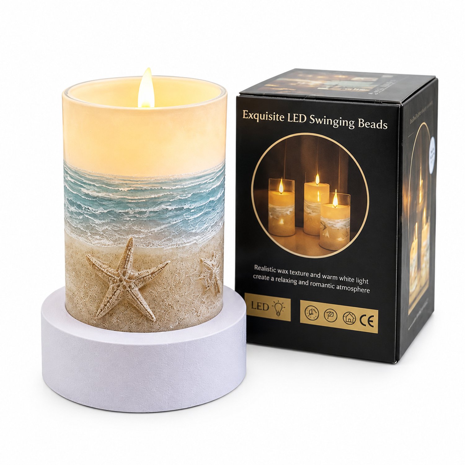 SWGOTA led kaarsen met bewegende vlam - 1 stuk, 7.5 × 10 cm, warm licht, strandmotief, op batterijen, zonder batterijen Beige