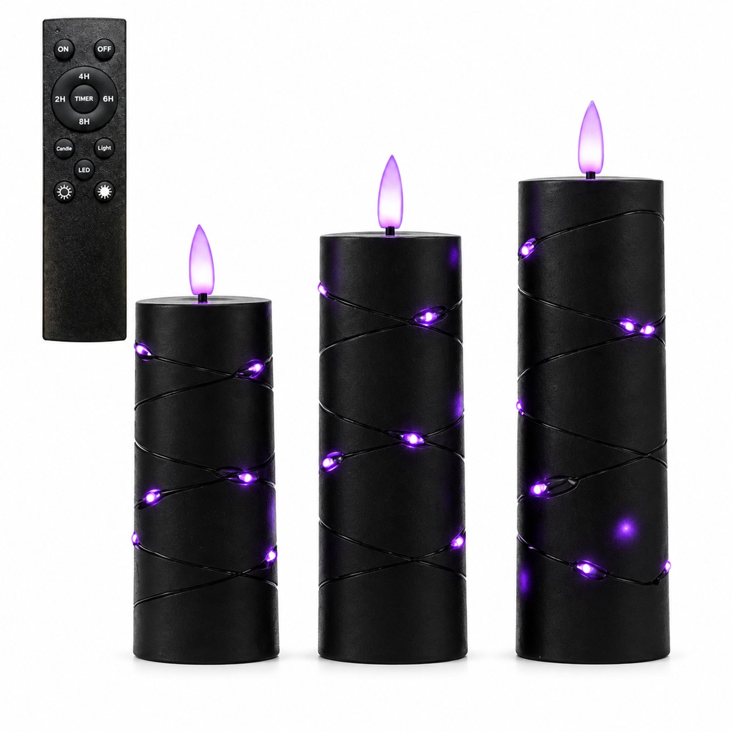 SWGOTA led kaarsen, 3 stuks per doos, zwart met paars licht en lichtsnoeren rondom, inclusief grote afstandsbediening, voor Halloween en bruiloften