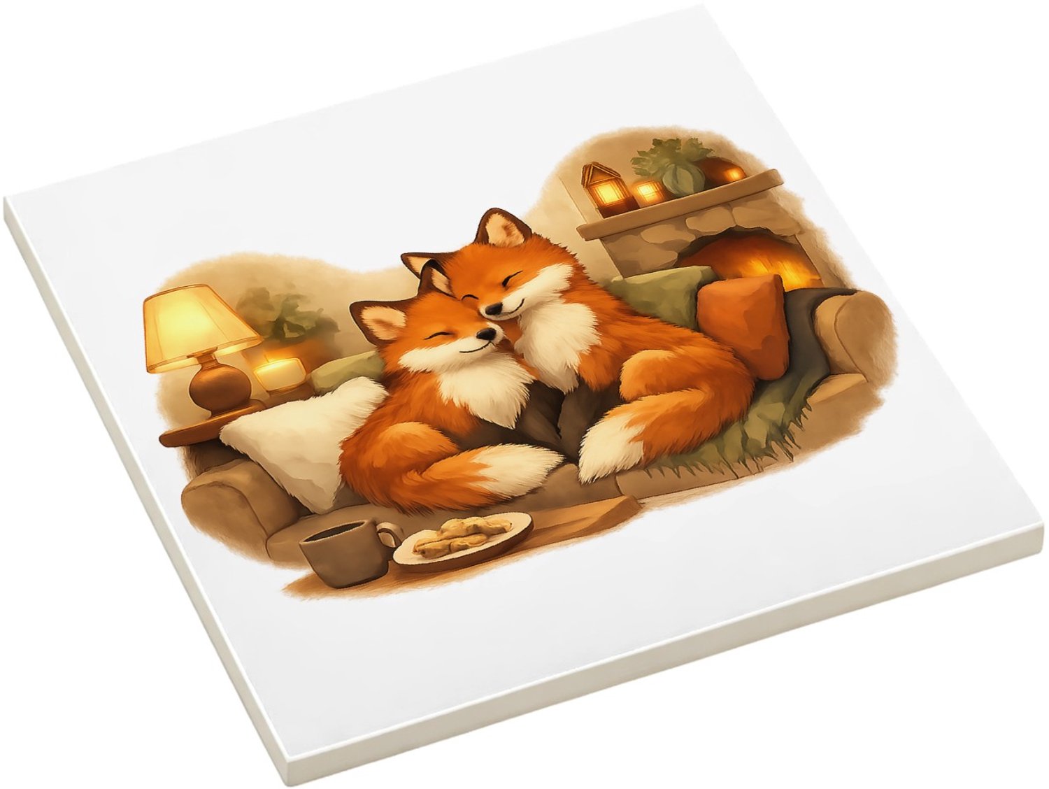 Mr Cadeautjes Fototegel Een gezellige ochtendscène met twee dikke honden op een keuk - 15 x 15 cm, keramiek - keuken, badkamer, decoratie | cadeau Wit