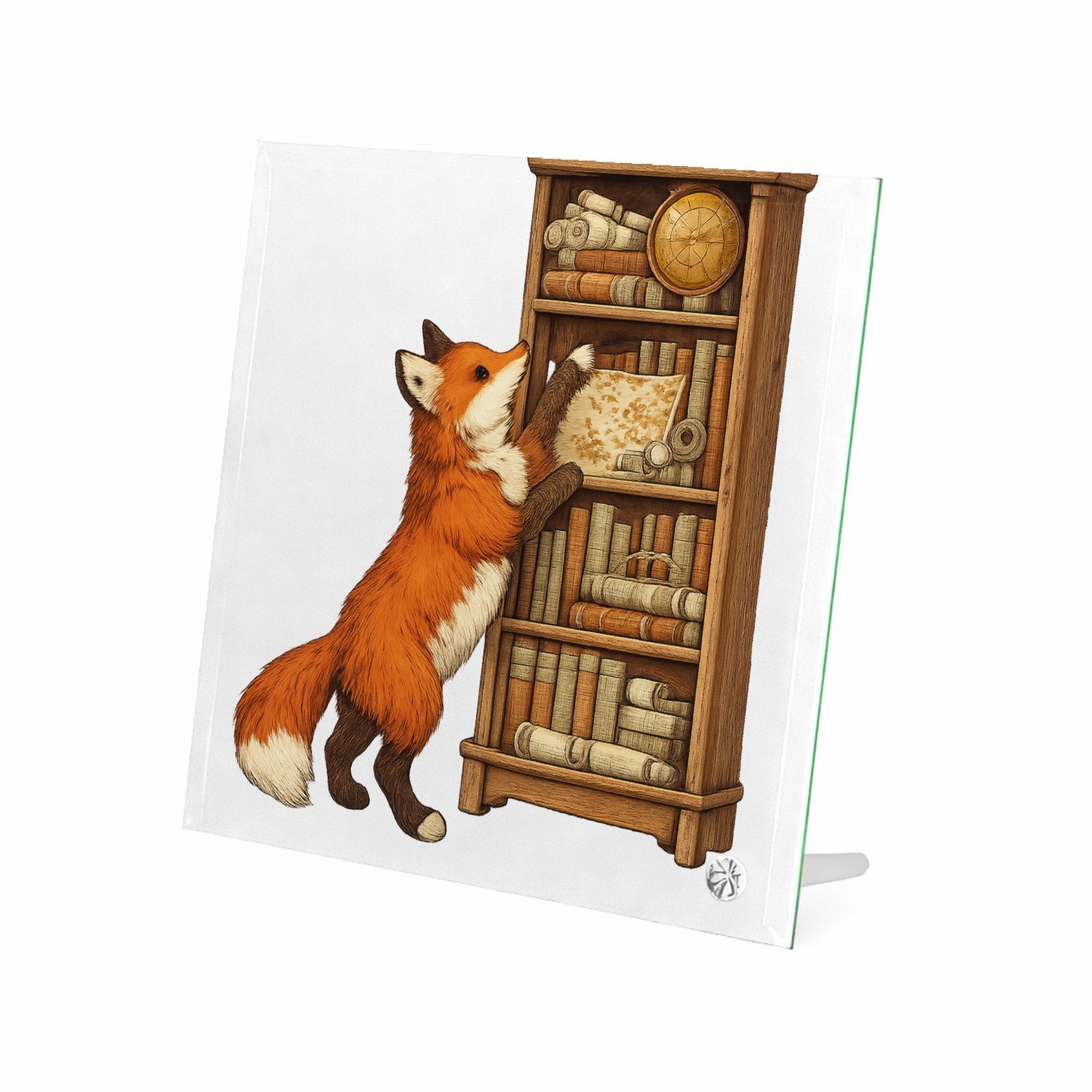Mr Cadeautjes Glasframe 20 x 20 - design Een nieuwsgierige vos die tussen stapels oude kaarten en boe | cadeau Wit