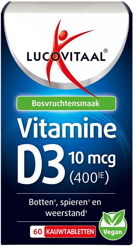 Lucovitaal vitamine D3 10 mcg (400IE) kauwtabletten, bosvruchtensmaak. 60 kauwtabletten. Vegan.