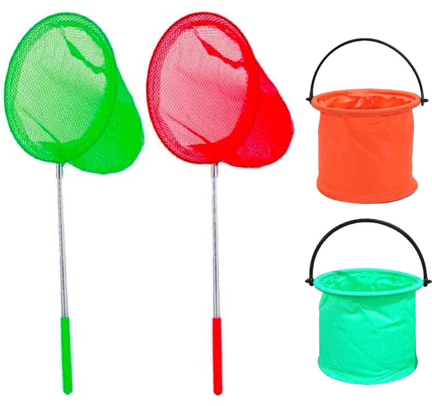 Famanu - Telescopisch vlindernet en opvouwbare emmer - Perfect voor het vangen van insecten en kleine vissen - Multikleur 2 stuks