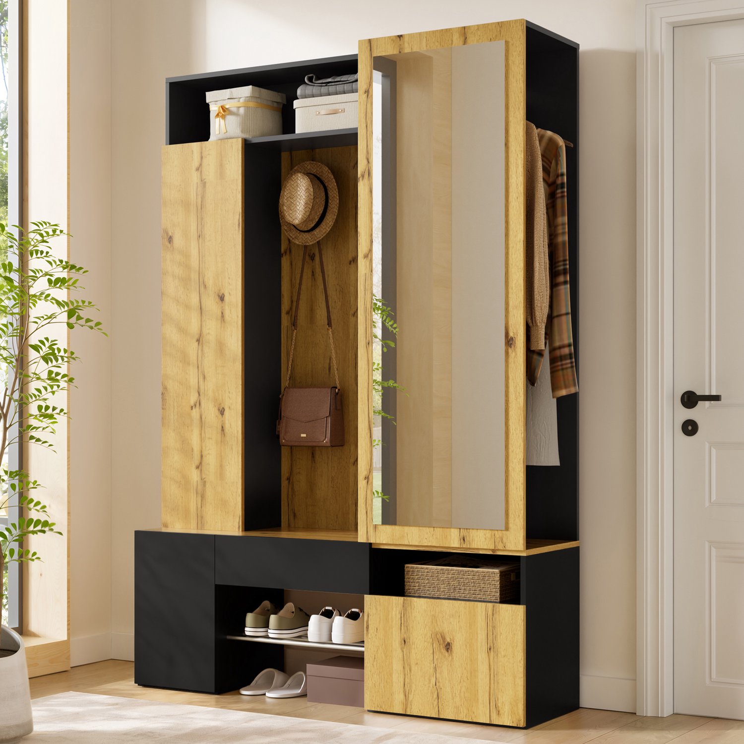 HAUSS SPOLE Garderobekast Met Spiegel - Kledingstang, Haken En Schoenenopberging - Voor Hal En Entree - MDF - 127x35x180,5 Cm - Zwart Naturel