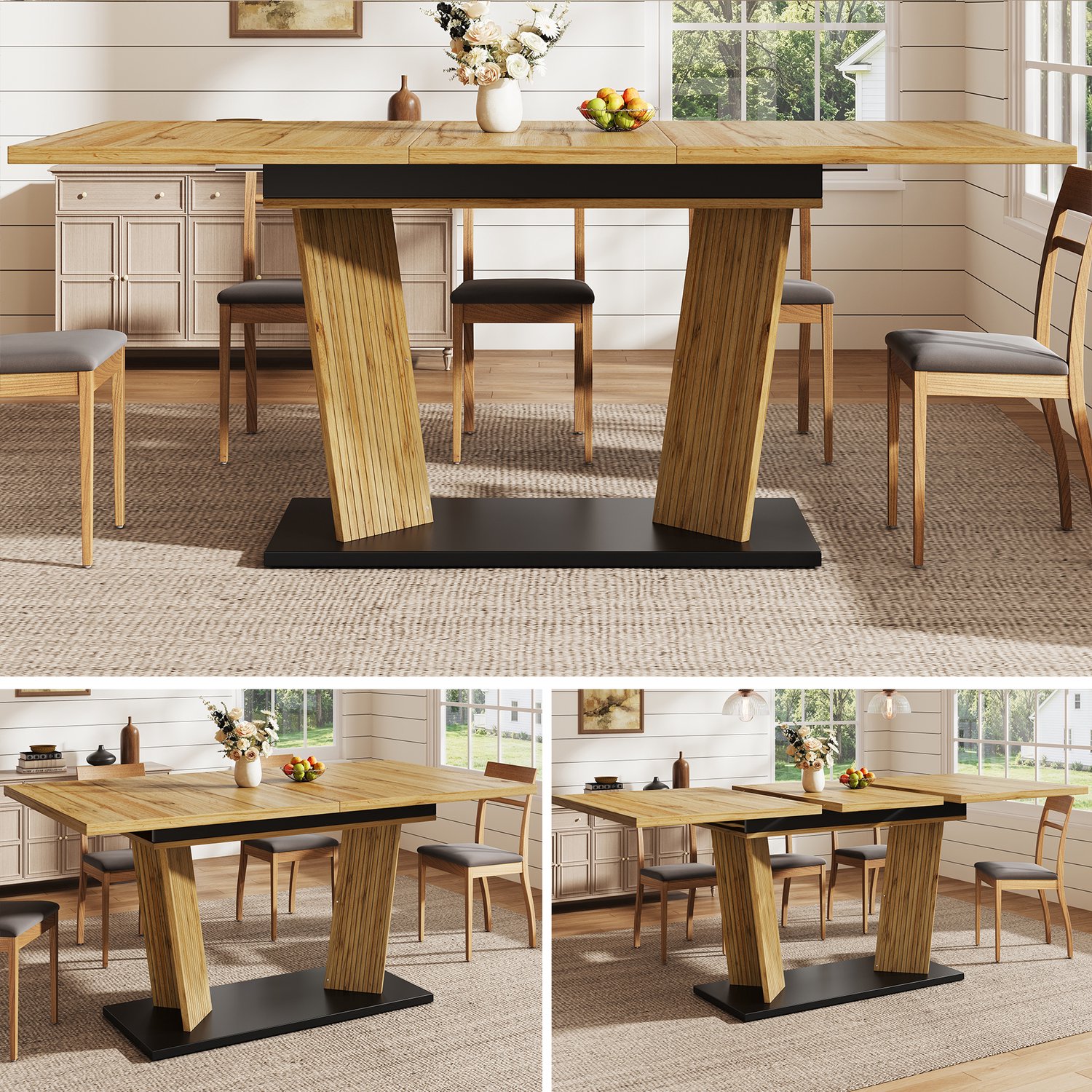 Clruro Eettafel - 120–160×80×76 cm - Uitschuifbaar - Dubbele Zuilvoet - MDF - Eikenlook