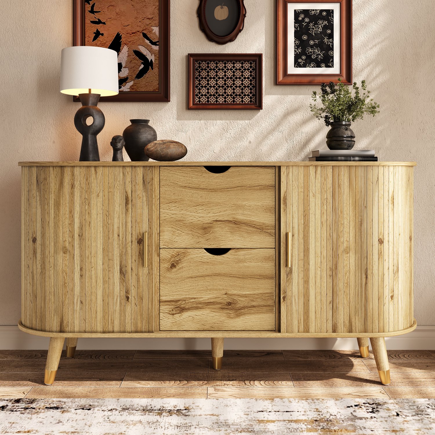 Clruro Dressoir - 140×40×79,5 cm - 2 Schuifdeuren en 2 Laden - Ronde Hoeken - MDF - Houtlook Naturel