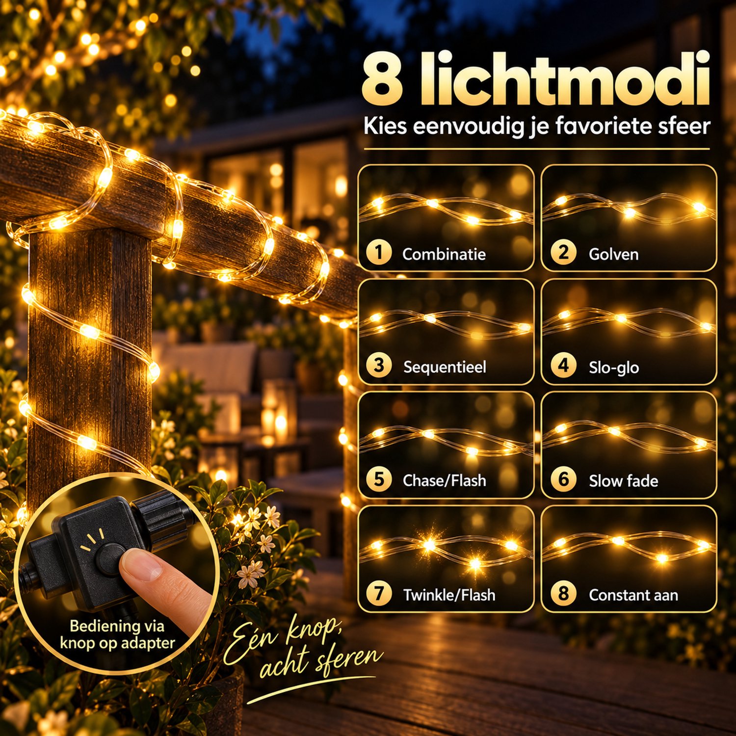 MUPOO Lichtsnoer Buiten 100M 800 LEDs - Lichtslinger Buiten met 8 Lichtstanden & Geheugenfunctie - Kerstverlichting Buiten - Tuinverlichting & Kerstboomverlichting voor Grote Tuin, Gevel en Kerst - Warm Wit - 1 Stuk – foto 3