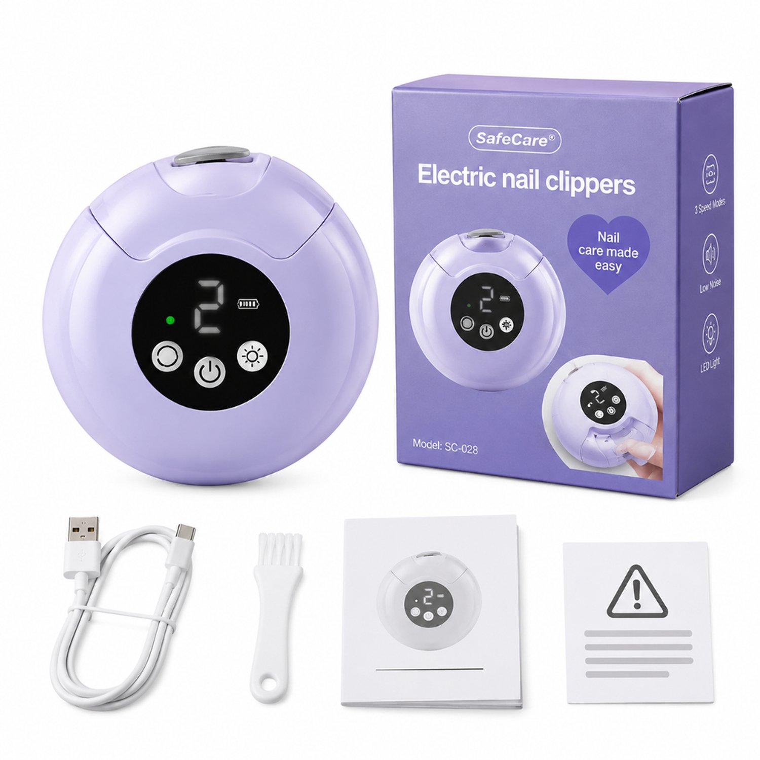 elektrische nagelknipper - 2-in-1 knippen en vijlen - 3 standen met verlichting - voor dagelijks en thuisgebruik - paarse Engelstalige verpakking