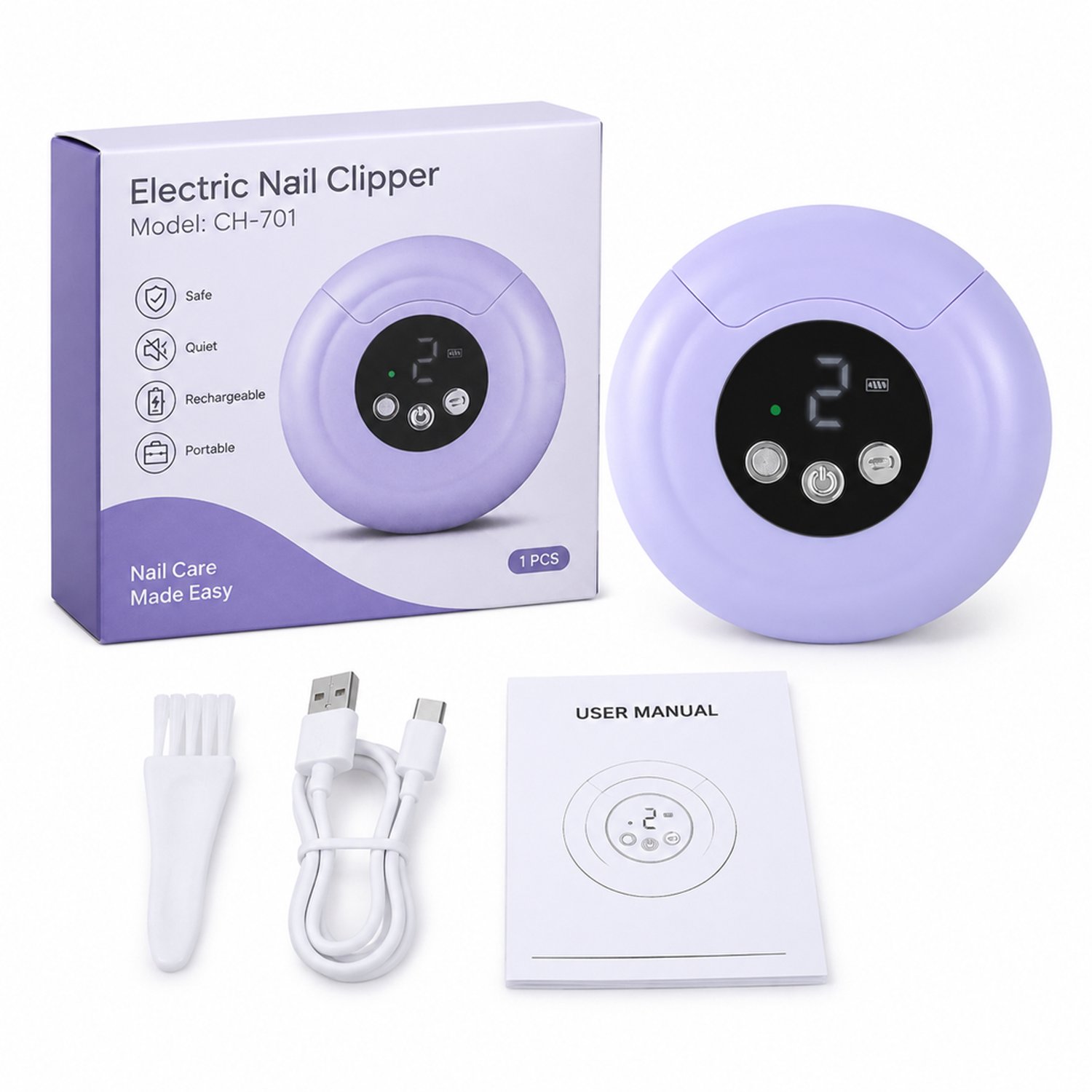 elektrische nagelknipper - model CH-701 - voor dagelijks thuisgebruik - paars met Engelstalige verpakking - met borstel en oplaadkabel