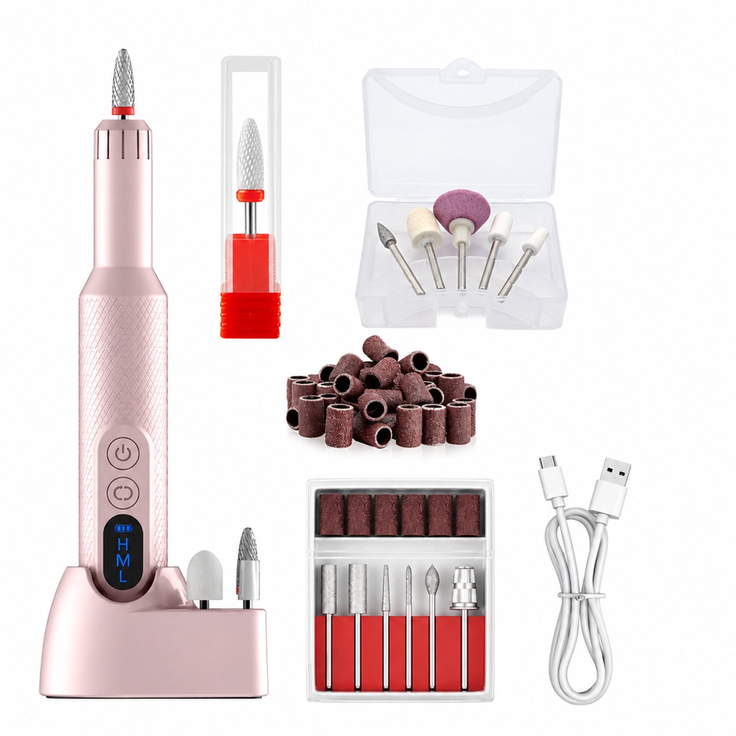 Elektrische nageltrimmer - 12 freesbitjes en 36 schuurbandjes - voor vijlen en productverwijdering - roze set