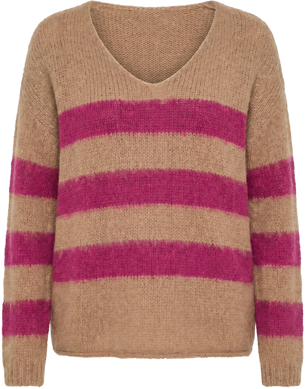Ulla Popken - Dames - Pullover blokstrepen V-halslijn lange mouwen - Lichtbruin - Maat 46+
