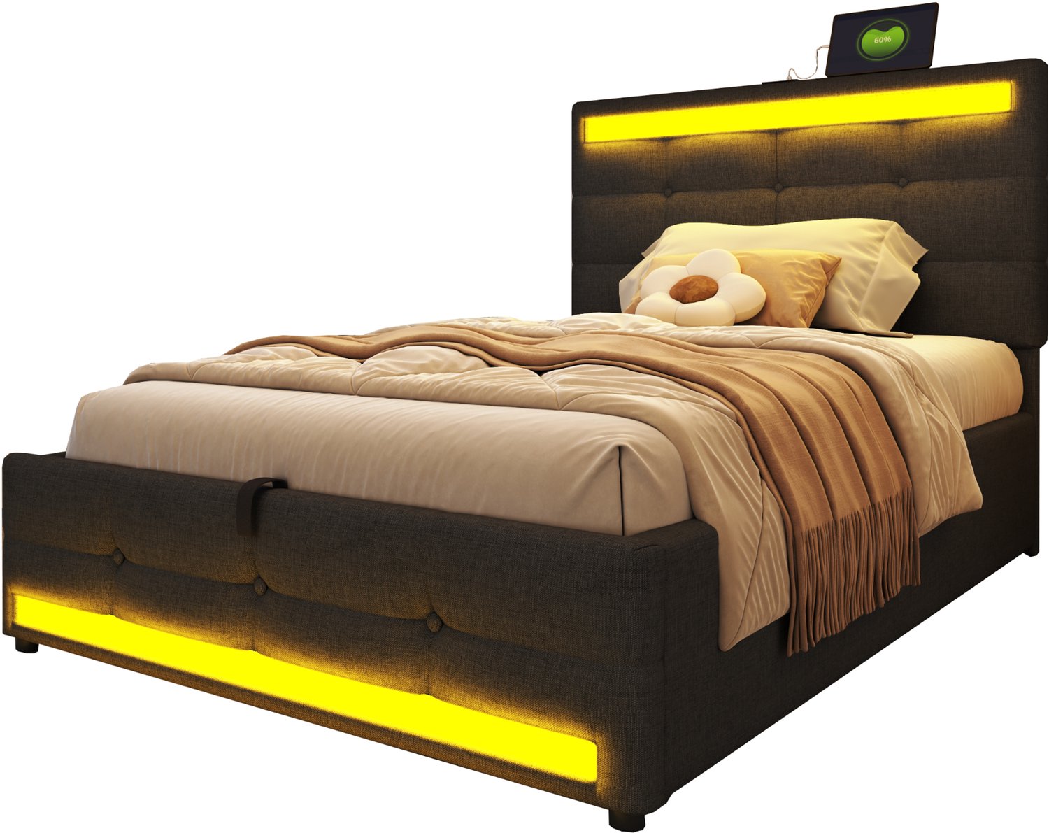 Gestoffeerd eenpersoonsbed 90x200 - bed met hydraulische opbergruimte - LED verlichting - USB aansluiting - Linnen - Slaapkamer - 90x200 cm - Grijs