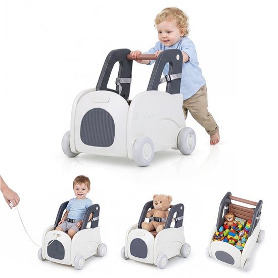 Multifunctionele babyloopwagen in wit en grijs, met peuter in zitje, als loopwagen en opbergruimte voor speelgoed.