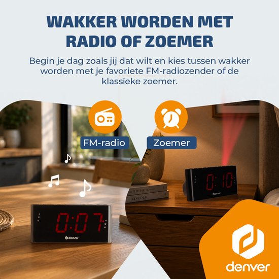 Denver Wekkerradio met Projectie - Digitale wekker - FM Radio - Dubbel Alarm - CRP618 - Zwart — cadeau in Elektronica - foto 2