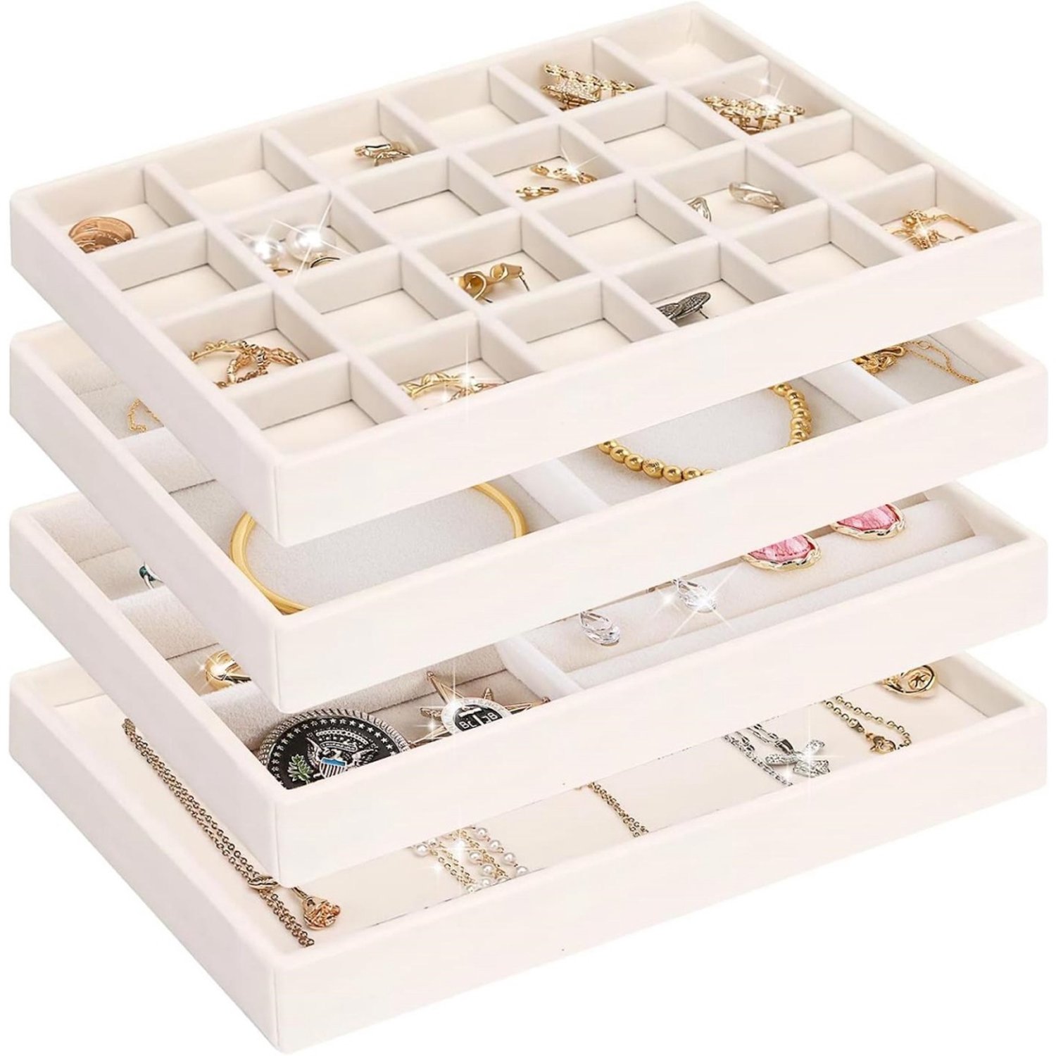 SSTRWGOOD 4 Stuks Sieradendisplay - Sieraadorganizer met Lades - Sieraadtabletts - Geschikt voor Ringen Oorbellen en Kettingen - Stoffen Organizerset