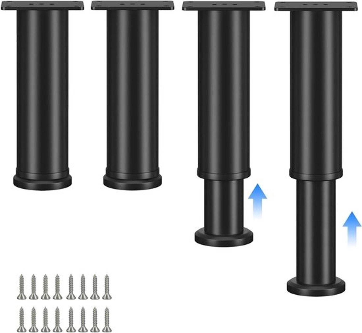 Verstelbare meubelpoten - 4 stuks - zwart ijzer, 12-18 cm hoog, voor sofa, bed en tafel