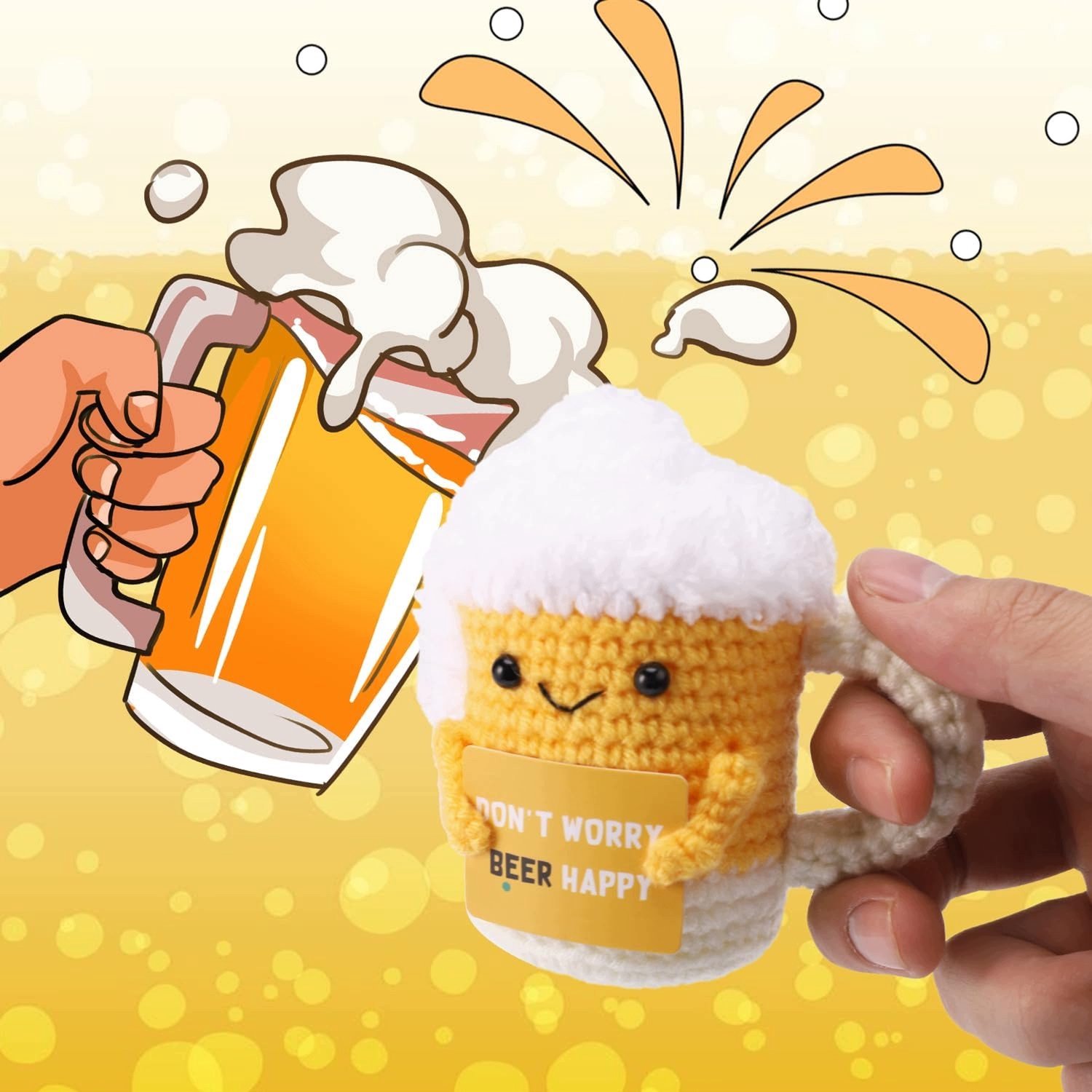 Haakwerk Bierpop 10,5cm met Positieve Kaart - Merkloos