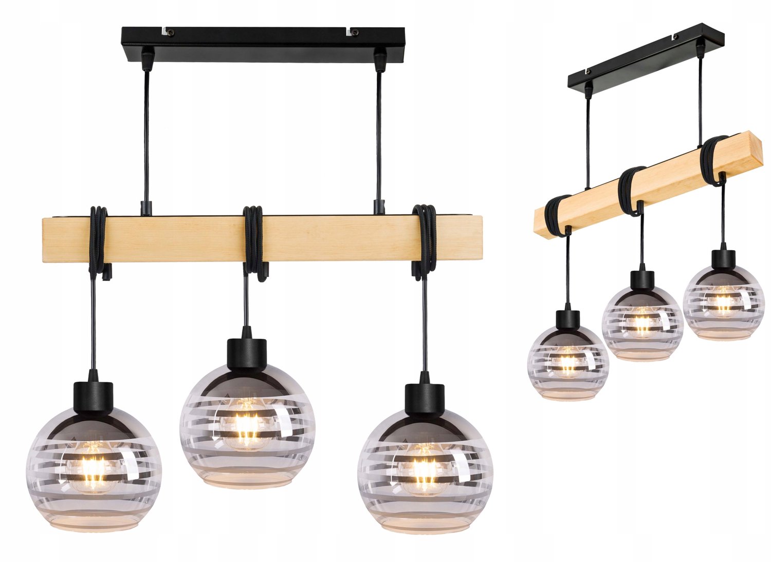Hanglamp Loft Houten Balk met Glazen Kappen - 3x E27