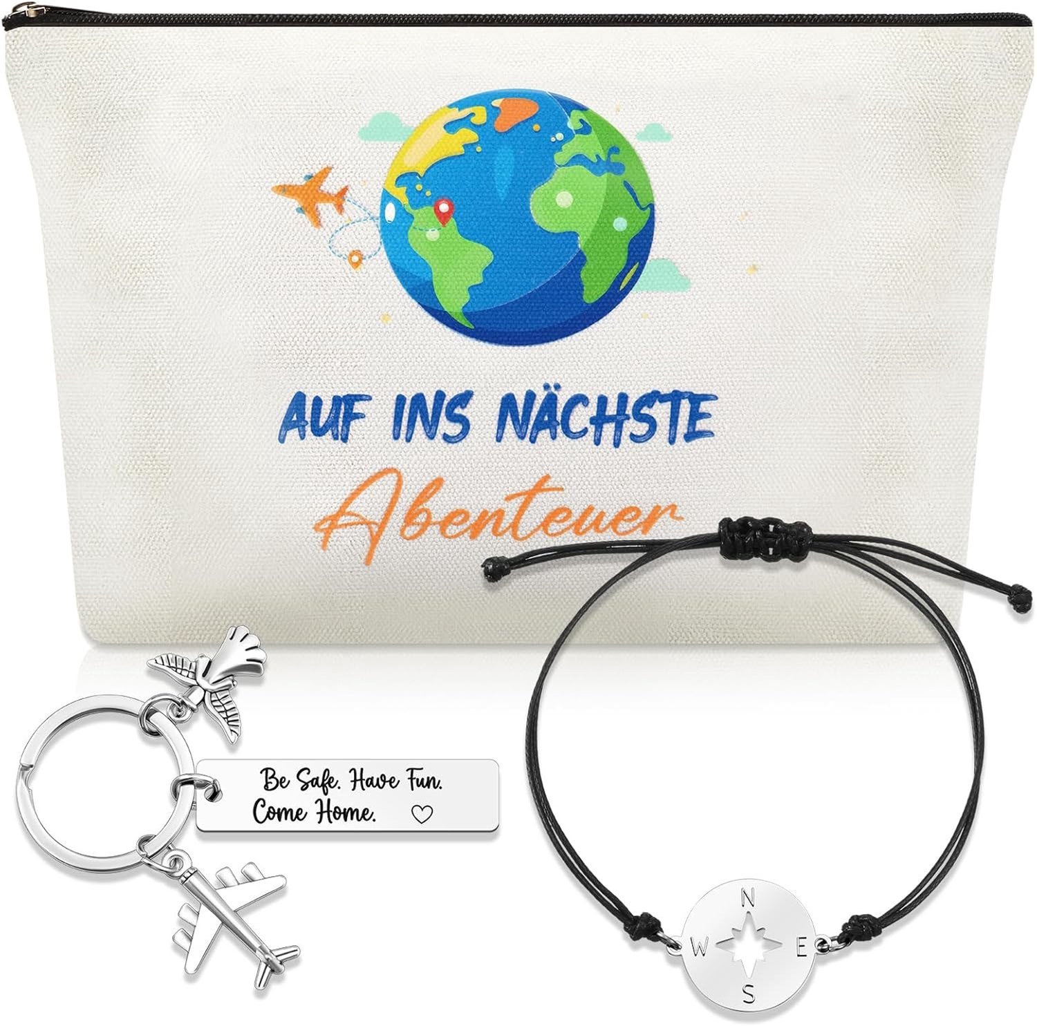 Reisgeschenkset met Cosmetica Tas, Armband, Kompas Hanger, Sleutelhanger en Gelukssymbool voor Avontuurlijke Reizigers