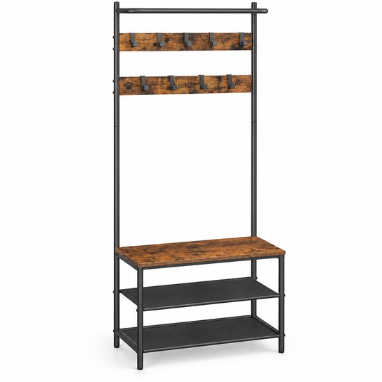 Zwarte metalen kapstok met twee bruine houten planken en twee rijen haken. Schoenenbank met twee opbergvakken.