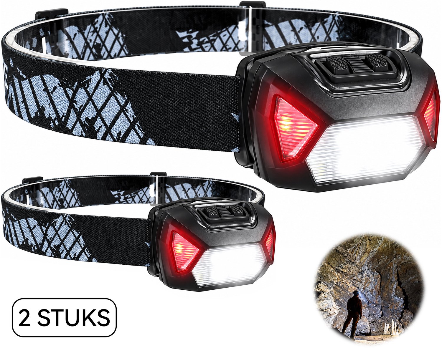 LIVTEK - 2 stuks oplaadbare LED hoofdlamp - waterbestendig IPX4 - verstelbare hoofdband en kantelbare lampkop - voor wandelen, kamperen en noodgevallen