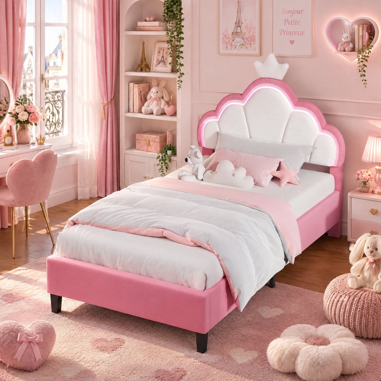 MEXUS Eenpersoonsbed 90x190 cm, Kinderbed met ledverlichting en verstelbaar hoofdeinde, kroonpatroon, meisjesbed, bedframe 90x190 - Flanel Roze (matras niet inbegrepen)