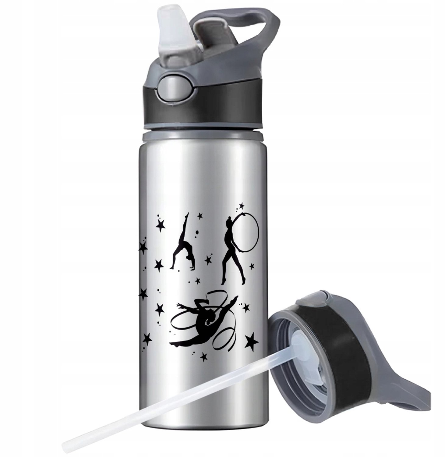 Aluminium Sport Bidon 650ml met Rietje en Handvat - Zilver
