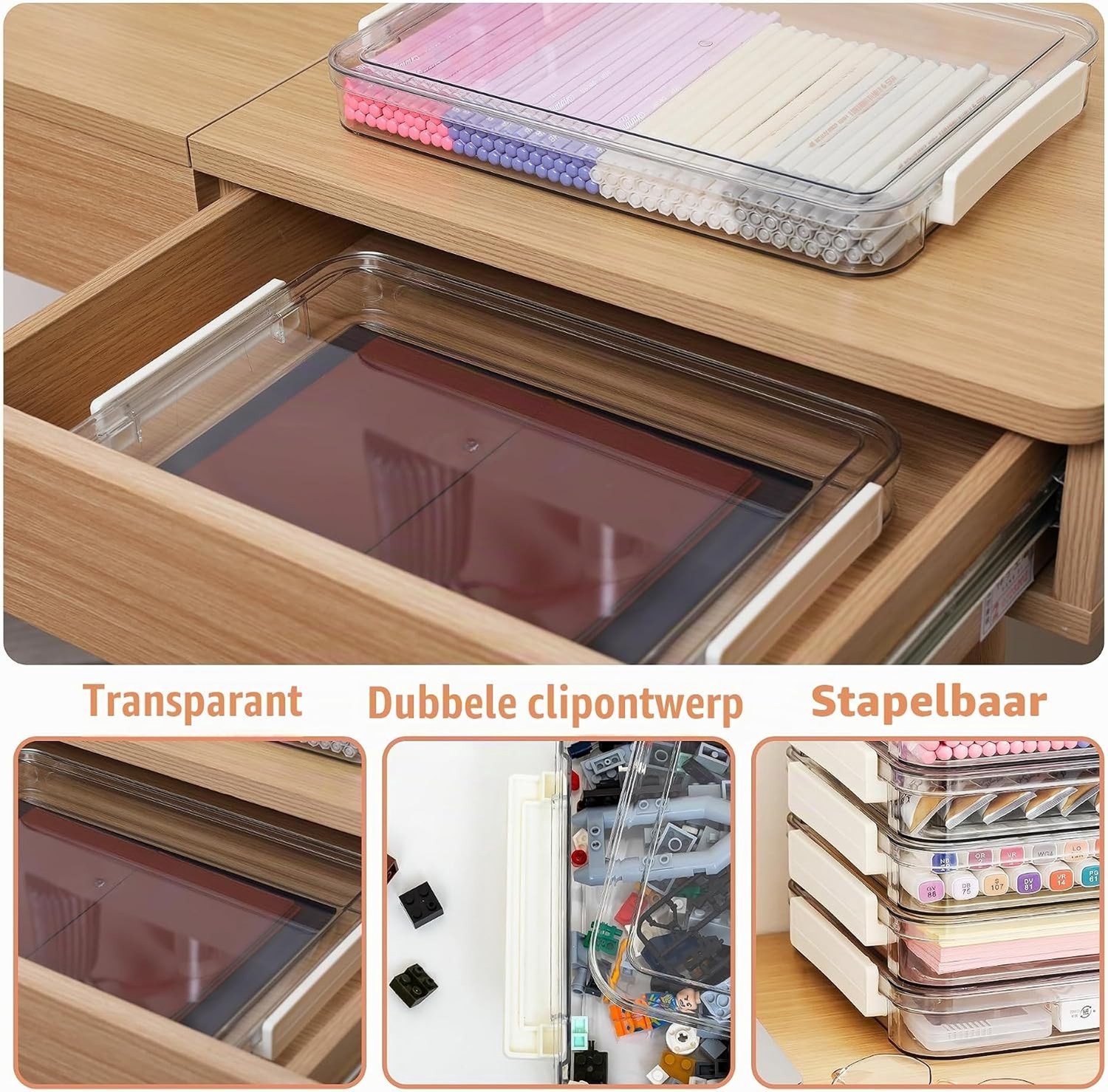 Set van 3 Stapelbare Acryl Opbergdozen met Deksel voor Kantoorbenodigdheden en Documenten, Transparante Pen Tray voor Organisatie van A4 Papier en Creatief Werk