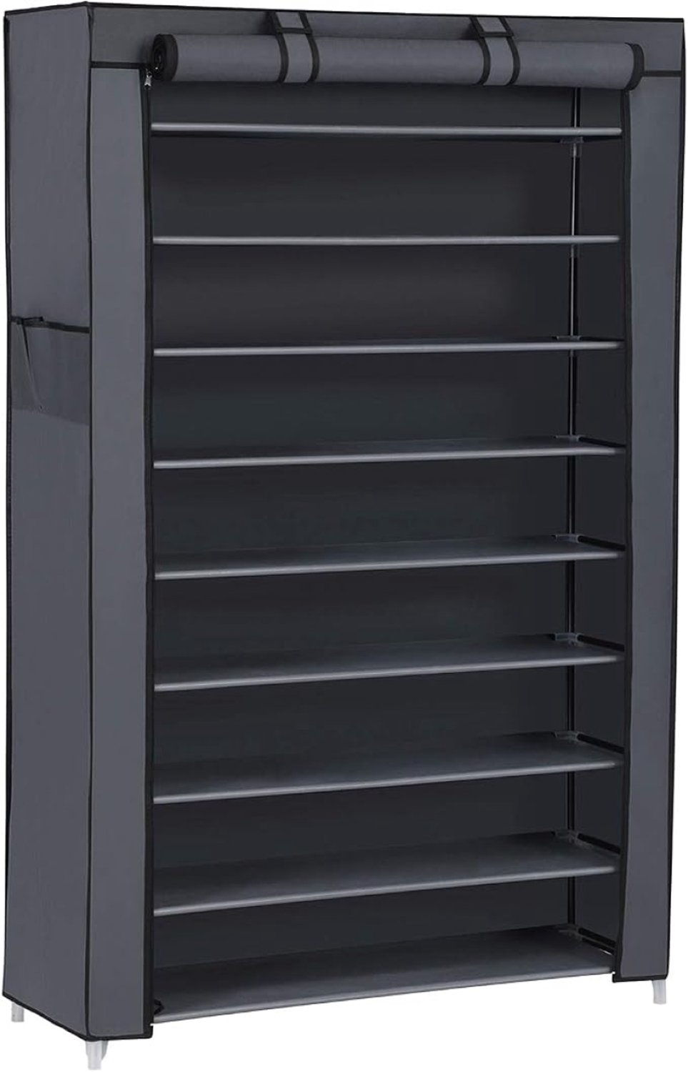 LoShop Schoenenrek met 10 niveaus, 88 x 28 x 160 cm, schoenenkast met stofhoes en rolsluiting, grijs, metaal en vliesstof