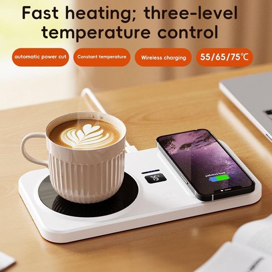 Kopjeswarmer, koffiekopjeswarmer, drankwarmer, 3 temperatuurstanden, slimme drankwarmer met draadloze telefoonoplader - voor melk, water, enz. - wit — afbeelding 5