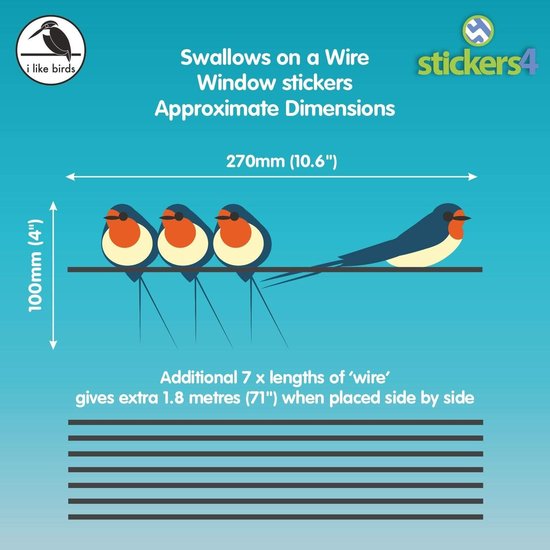 Afmetingen van raamstickers met zwaluwen: 270mm breed, 100mm hoog.