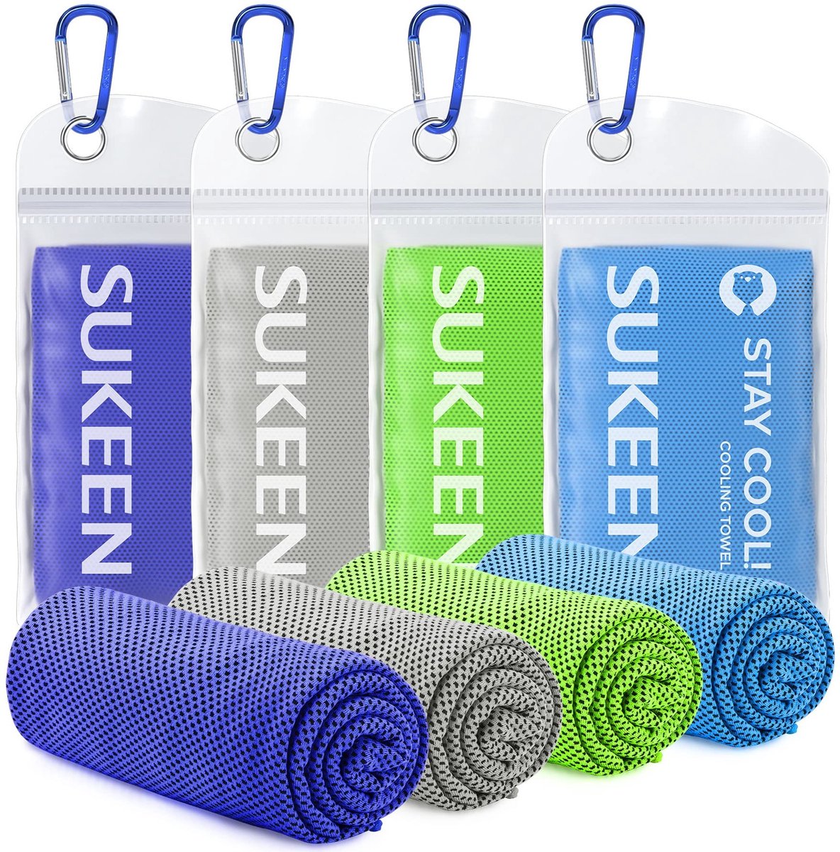 Elzusha - Cooling Towel Set van 4 Stuks - Ademend Microfiber voor Sport en Yoga - Donkerblauw/Groen/Grijs/Lichtblauw