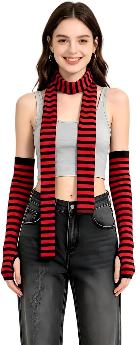 Gestreepte Vingerloze Armwarmers en Skinny Sjaal Set in Rood en Zwart, Katoenen Retro Accessoires voor Vrouwen en Meisjes, Ideaal voor Herfst en Halloween Outfits