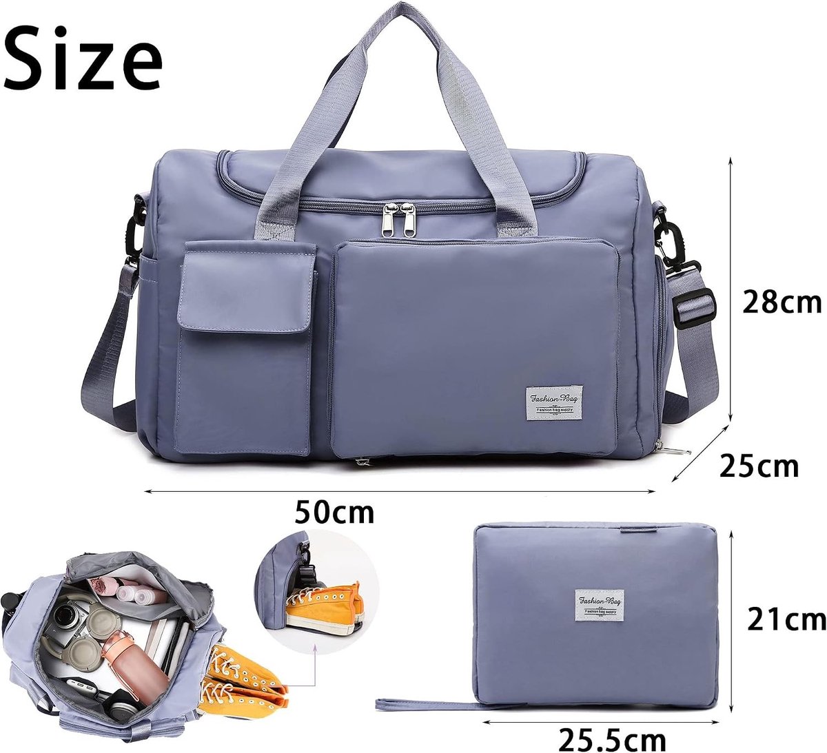 Reistas - Blauw - 50 x 28 x 25 cm - Opvouwbare Sporttas met Schoenenvak en Vochtige Zak - Voor Heren en Dames