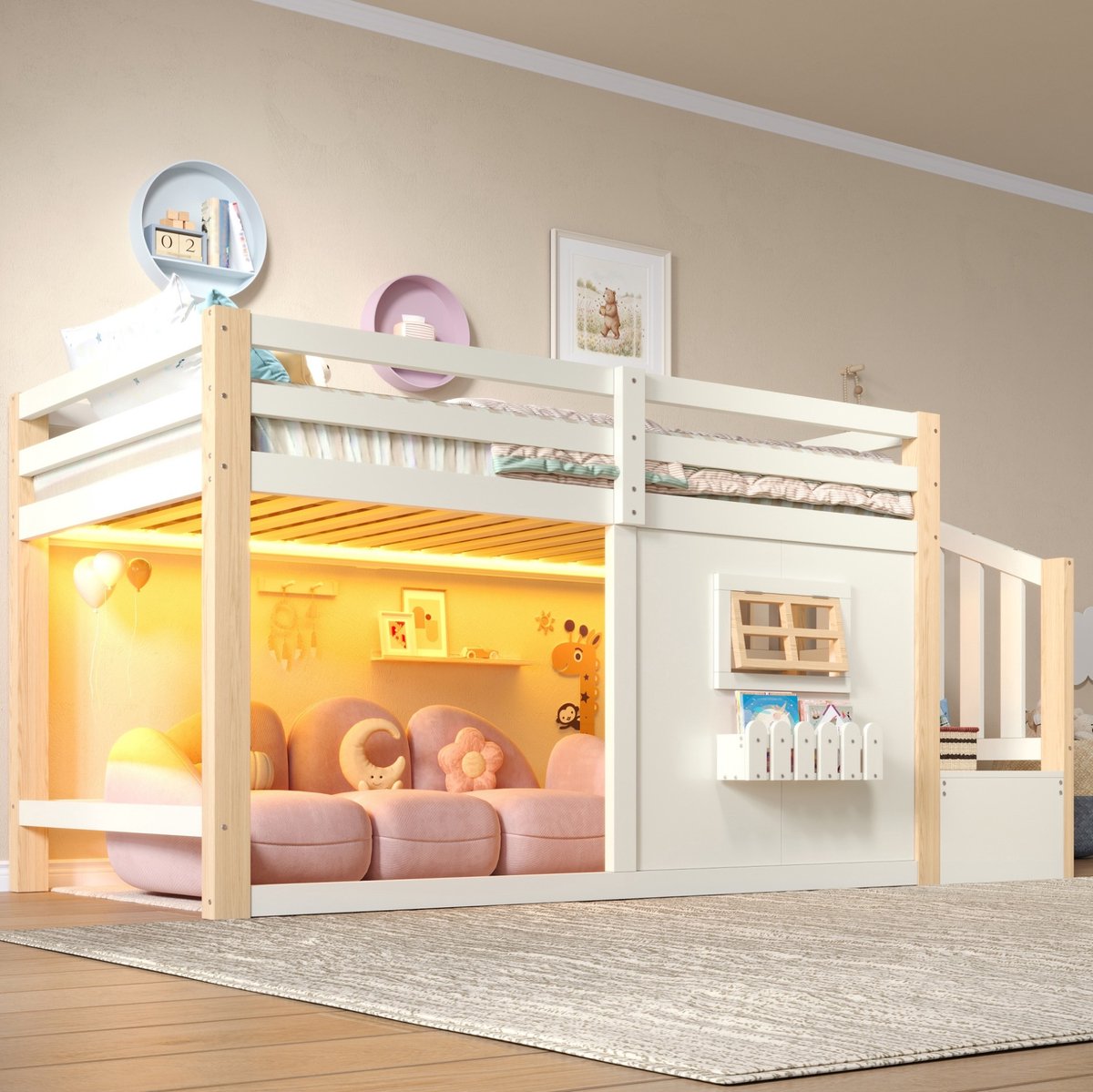STILVORA Hoogslaper 90x200 cm – Met LED-verlichting en Opbergruimte in Trap – Met Raam – Voor Kinderkamer – Hout en MDF – Naturel/Wit – Zonder Matras
